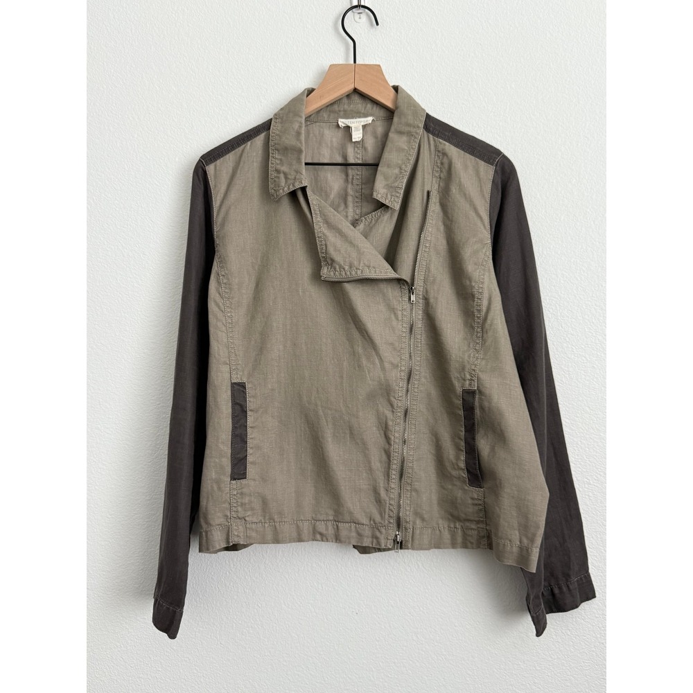 Eileen Fisher Coated Organic Linen Two-Tone Moto Jacket XL Green Gray Lagenlook